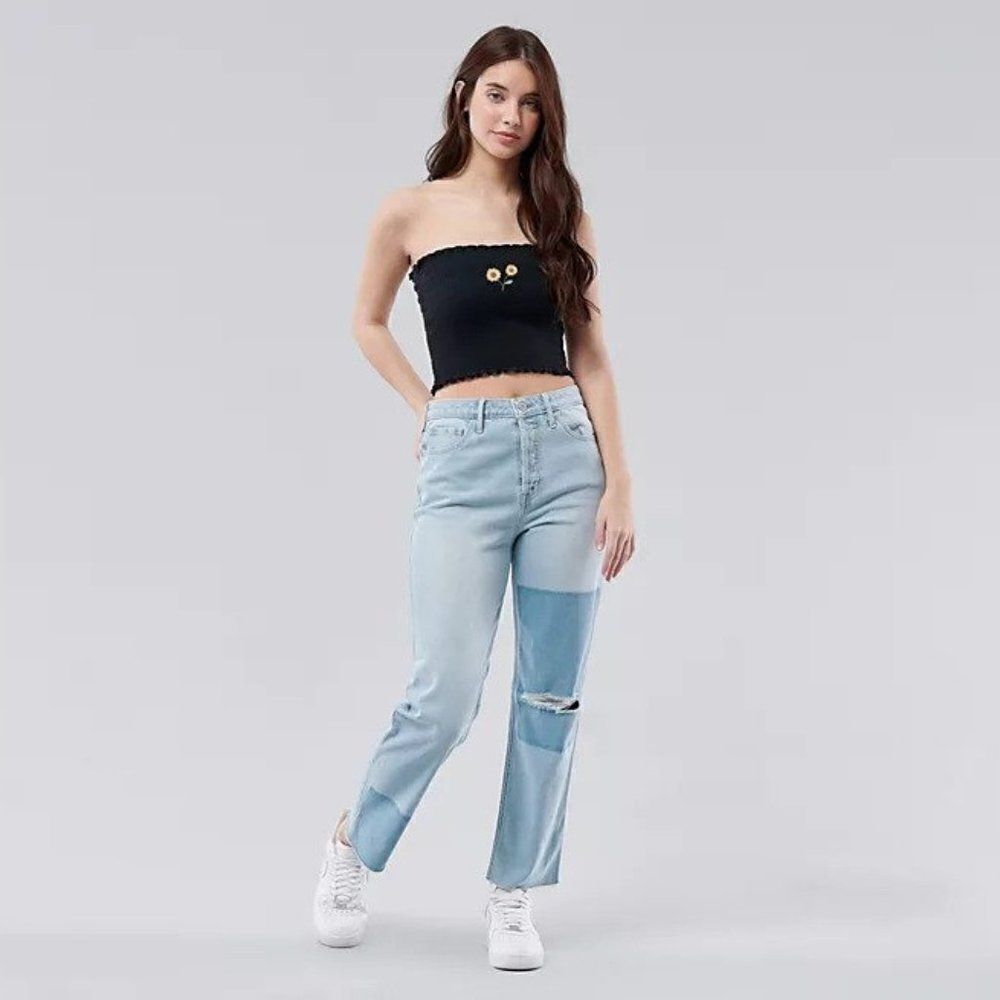 NEW Hollister Patchwork Ripped Straight Leg Jeans in Light Blue Wash